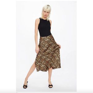 Zara Leopard Print Satin Skirt - Midi - Size Medium - Like New